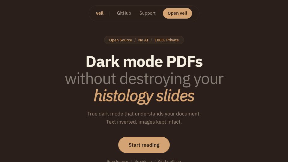 Screenshot of veil.simoneamico.com: Show HN: Veil – Dark mode PDFs without destroying images, runs in the browser