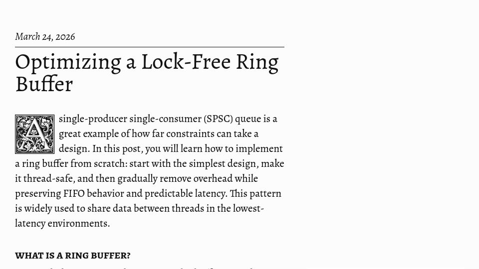 Screenshot of david.alvarezrosa.com: Optimizing a lock-free ring buffer