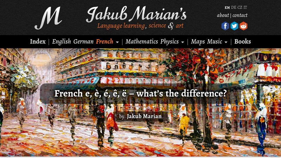 Screenshot of jakubmarian.com: French e, è, é, ê, ë – what's the difference?