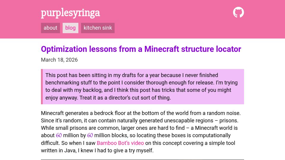 Screenshot of purplesyringa.moe: Optimization lessons from a Minecraft structure locator