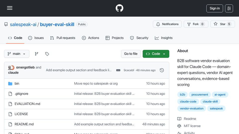 Screenshot of github.com: Show HN: Claude skill that evaluates B2B vendors by talking to their AI agents