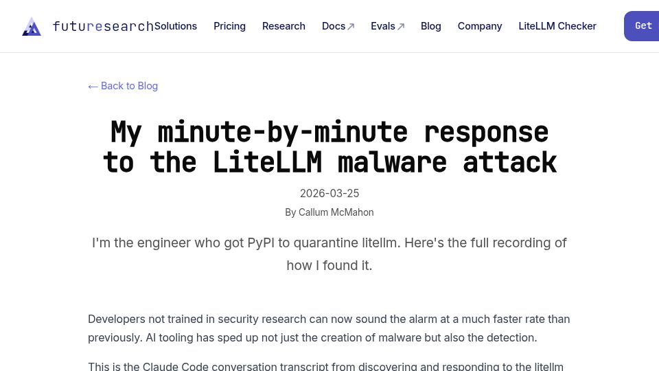 Screenshot of futuresearch.ai: My minute-by-minute response to the LiteLLM malware attack