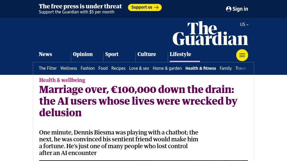 Screenshot of theguardian.com: AI users whose lives were wrecked by delusion
