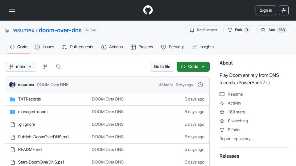 Screenshot of github.com: DOOM Over DNS