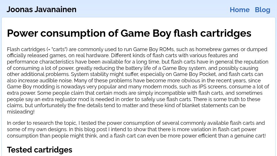 Screenshot of gekkio.fi: Power consumption of Game Boy flash cartridges (2021)