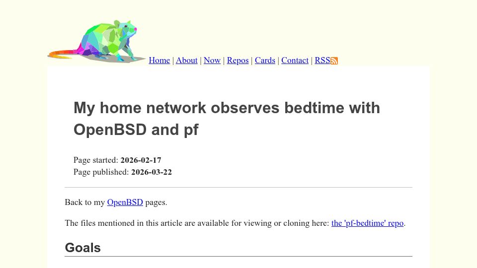 Screenshot of ratfactor.com: My home network observes bedtime with OpenBSD and pf
