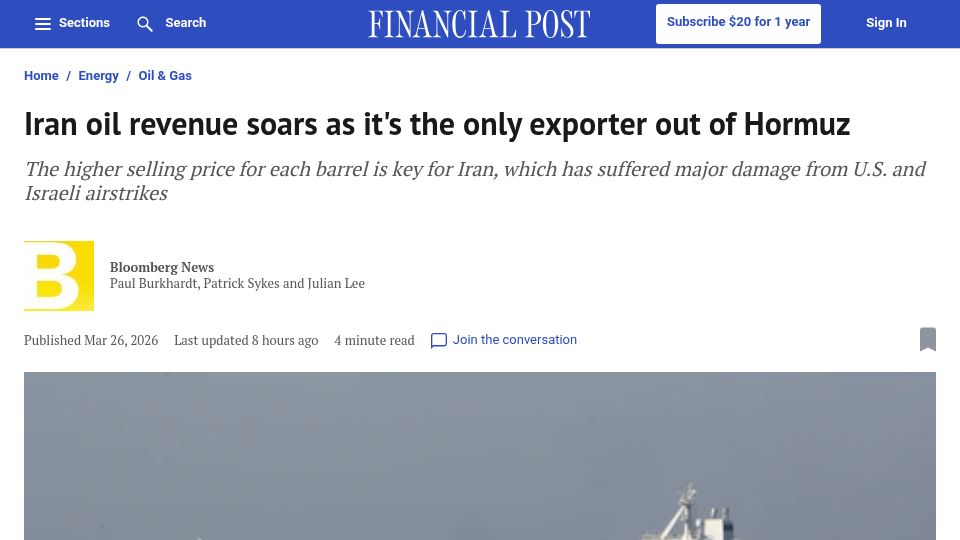 Screenshot of financialpost.com: Iran oil revenue soars as it's the only exporter out of Hormuz