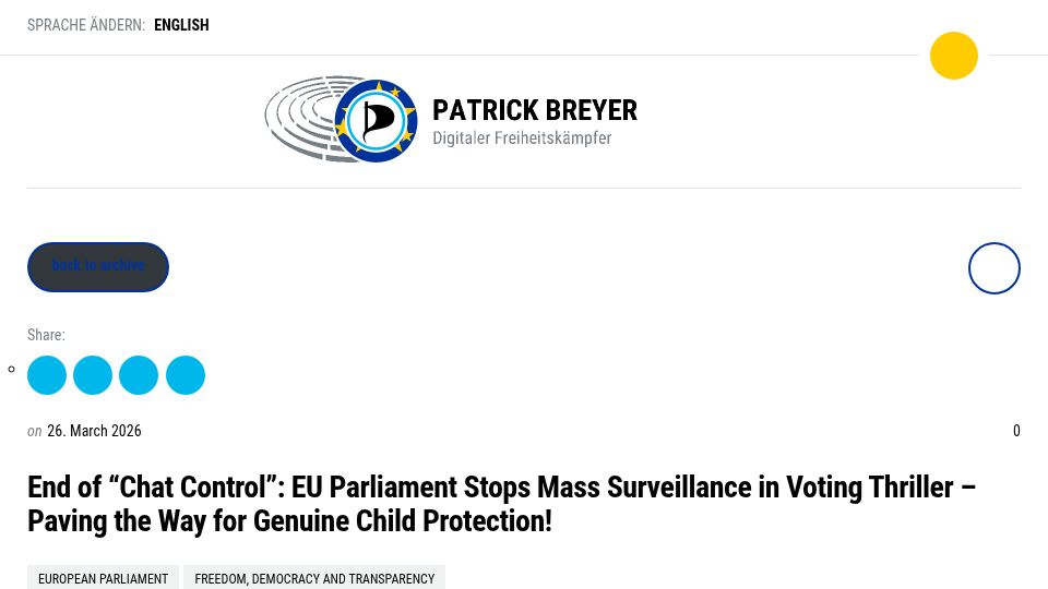 Screenshot of patrick-breyer.de: End of "Chat Control": EU parliament stops mass surveillance