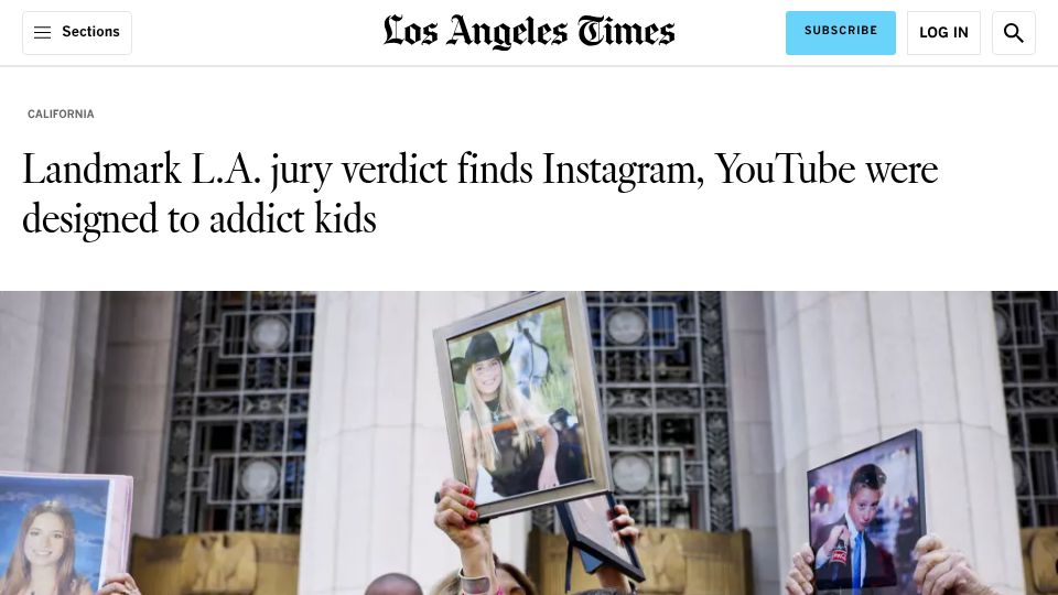 Screenshot of latimes.com: Landmark L.A. jury verdict finds Instagram, YouTube were designed to addict kids