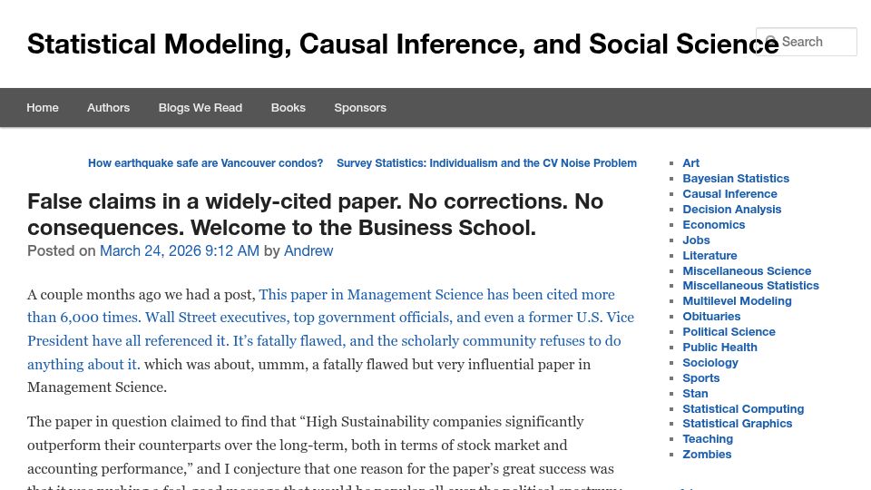 Screenshot of statmodeling.stat.columbia.edu: False claims in a widely-cited paper