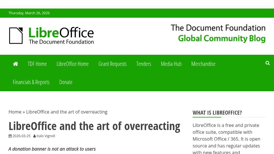 Screenshot of blog.documentfoundation.org: LibreOffice and the art of overreacting