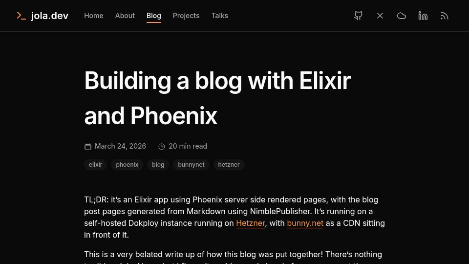 Screenshot of jola.dev: Building a Blog with Elixir and Phoenix
