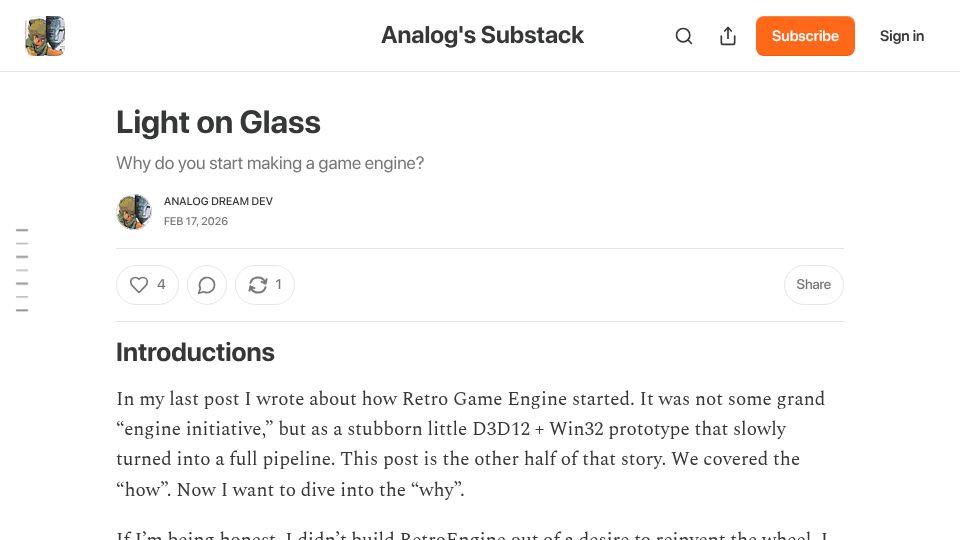 Screenshot of analogdreamdev.substack.com: Light on Glass: Why do you start making a game engine?