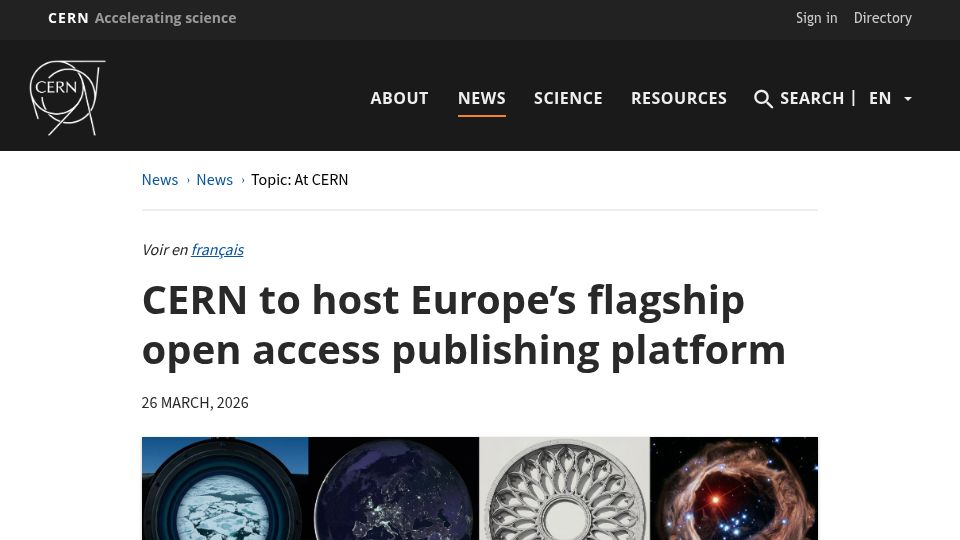 Screenshot of home.cern: CERN to host a new phase of Open Research Europe