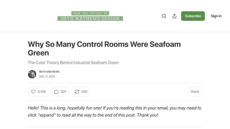 Screenshot of bethmathews.substack.com: Why so many control rooms were seafoam green (2025)