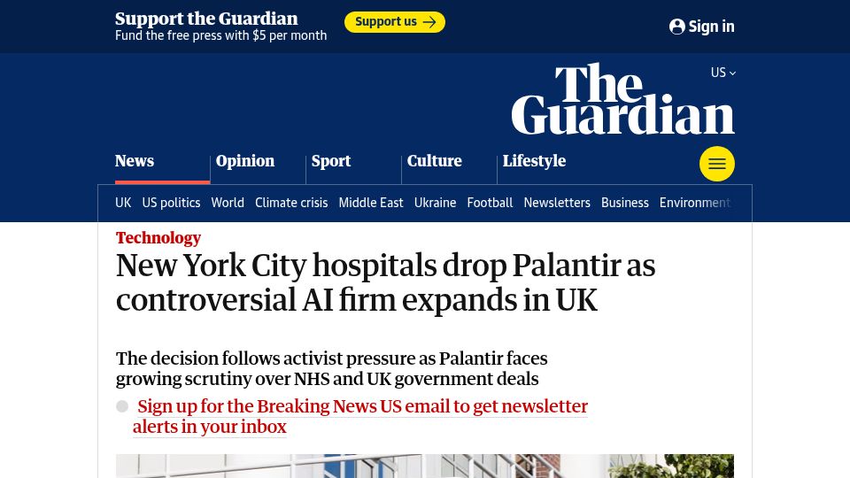 Screenshot of theguardian.com: New York City hospitals drop Palantir as controversial AI firm expands in UK