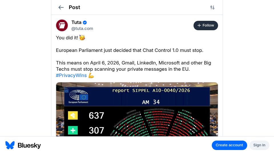 Screenshot of bsky.app: European Parliament decided that Chat Control 1.0 must stop