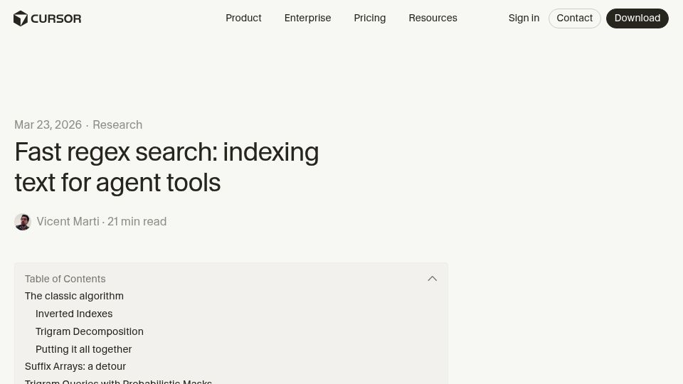 Screenshot of cursor.com: Fast regex search: indexing text for agent tools