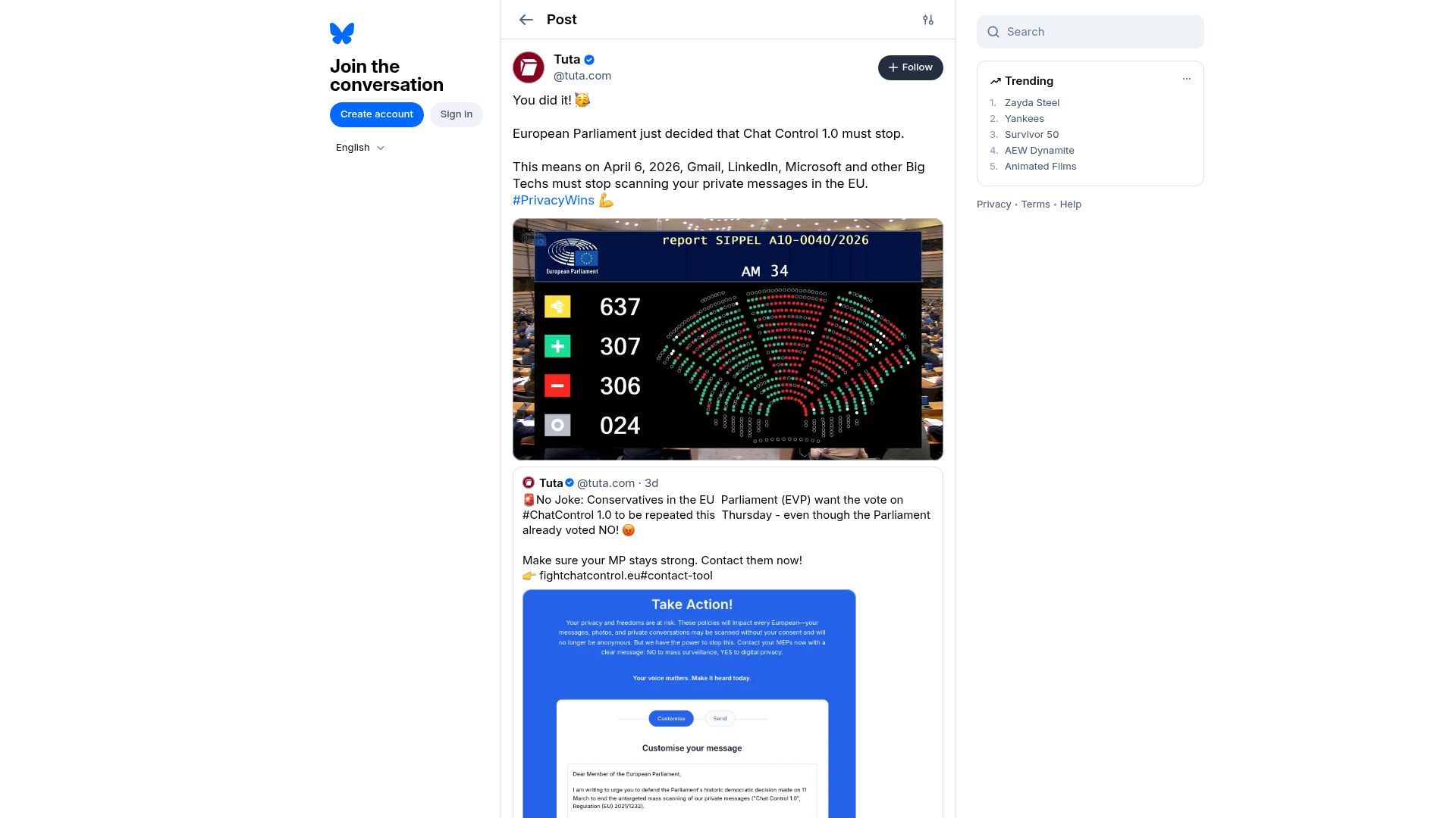 Screenshot of bsky.app: European Parliament decided that Chat Control 1.0 must stop