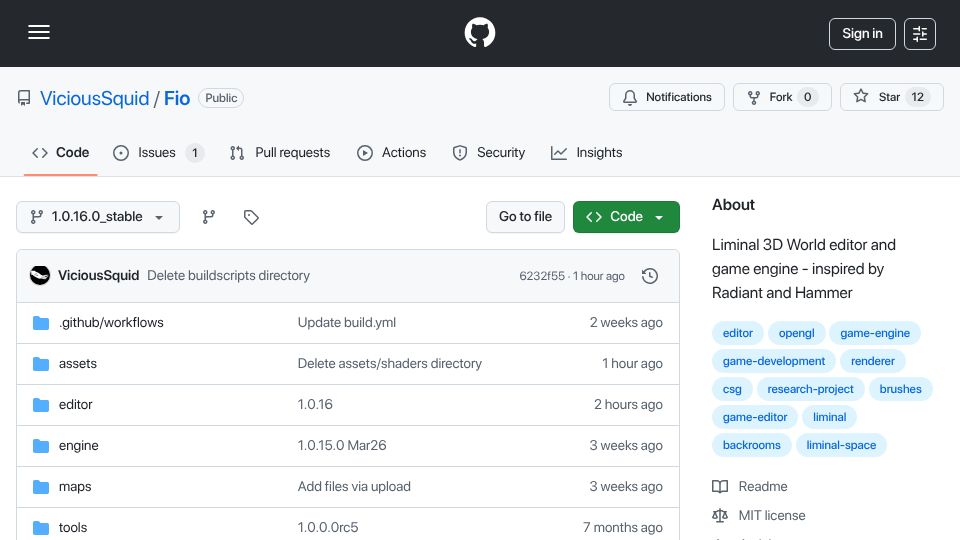 Screenshot of github.com: Show HN: Fio: 3D World editor/game engine – inspired by Radiant and Hammer