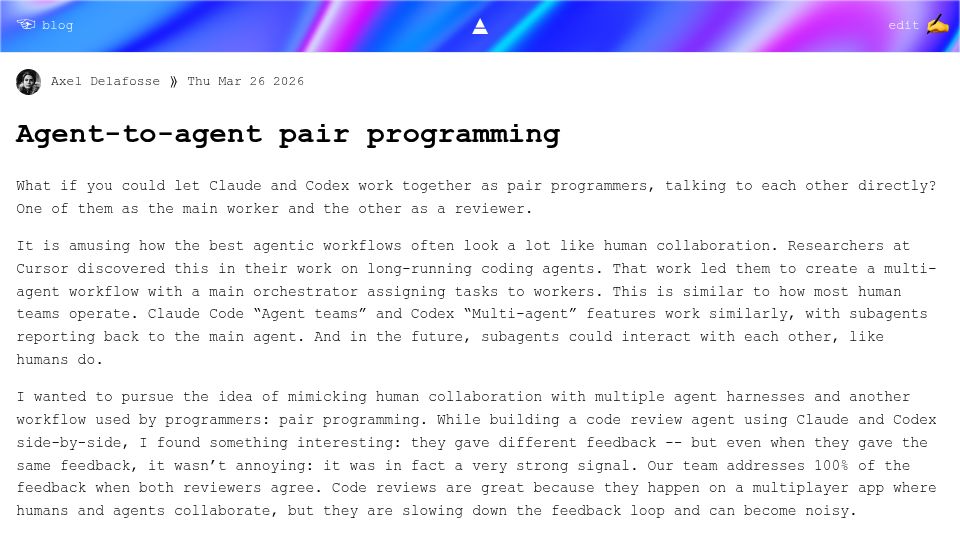 Screenshot of axeldelafosse.com: Agent-to-agent pair programming