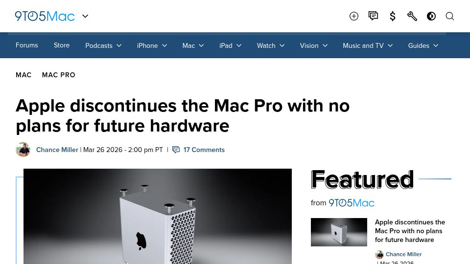 Screenshot of 9to5mac.com: Apple discontinues the Mac Pro