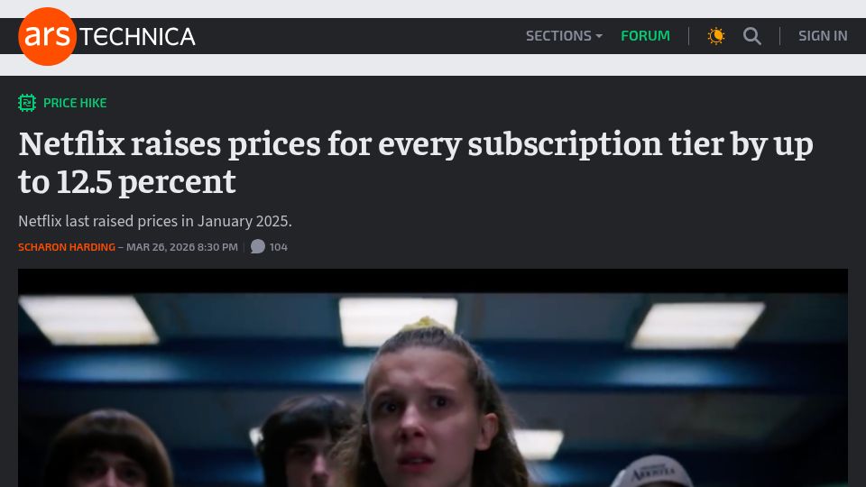 Screenshot of arstechnica.com: Netflix raises prices for every subscription tier by up to 12.5 percent