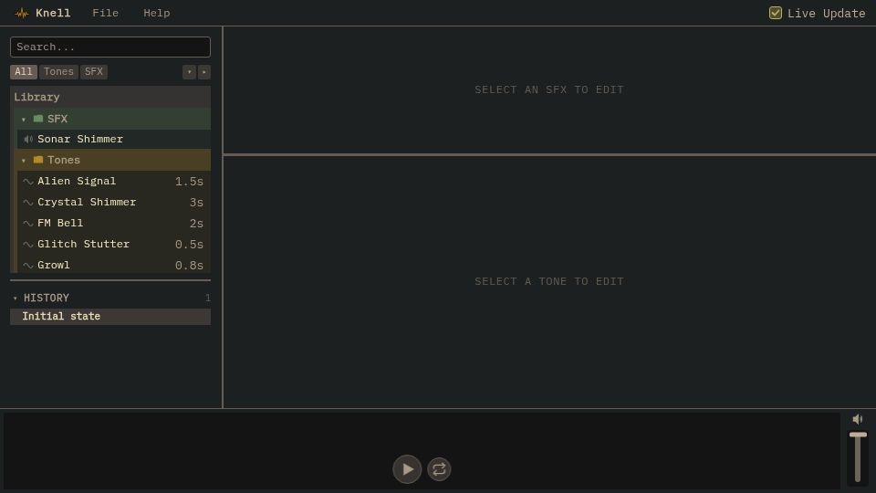 Screenshot of knell.medieval.software: Browser-based SFX synthesizer using WASM/Zig