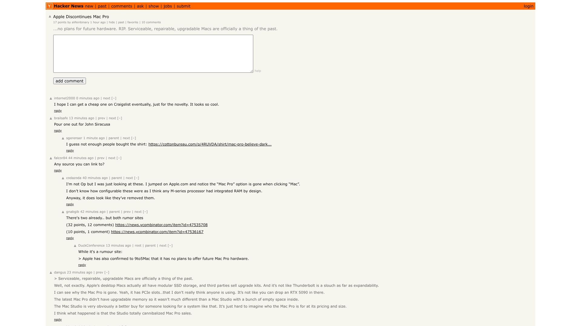 Screenshot of this Hacker News post: Apple Discontinues Mac Pro