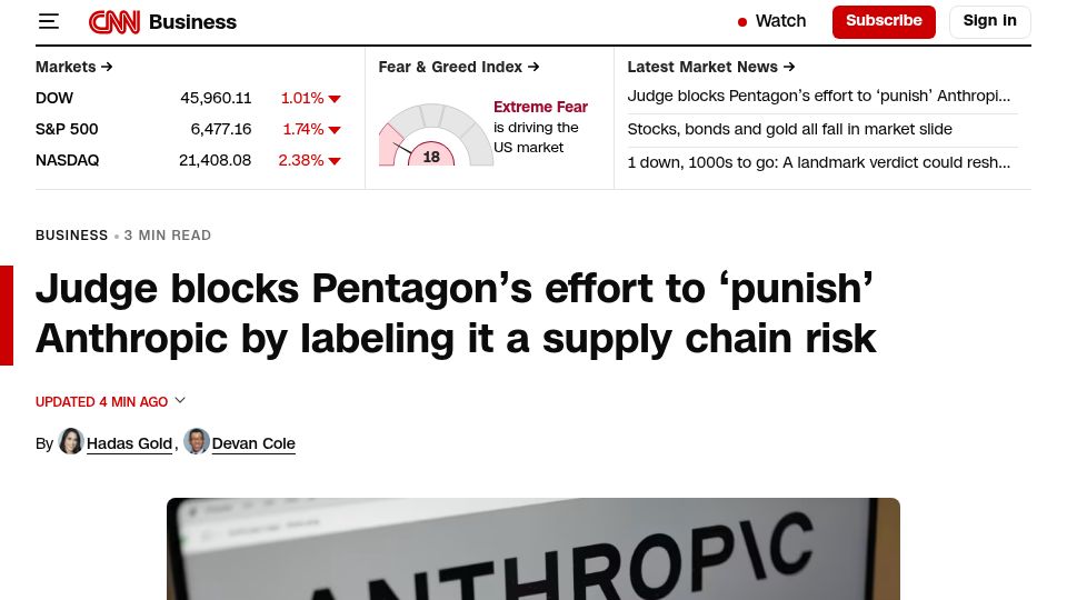 Screenshot of cnn.com: Judge blocks Pentagon effort to 'punish' Anthropic with supply chain risk label