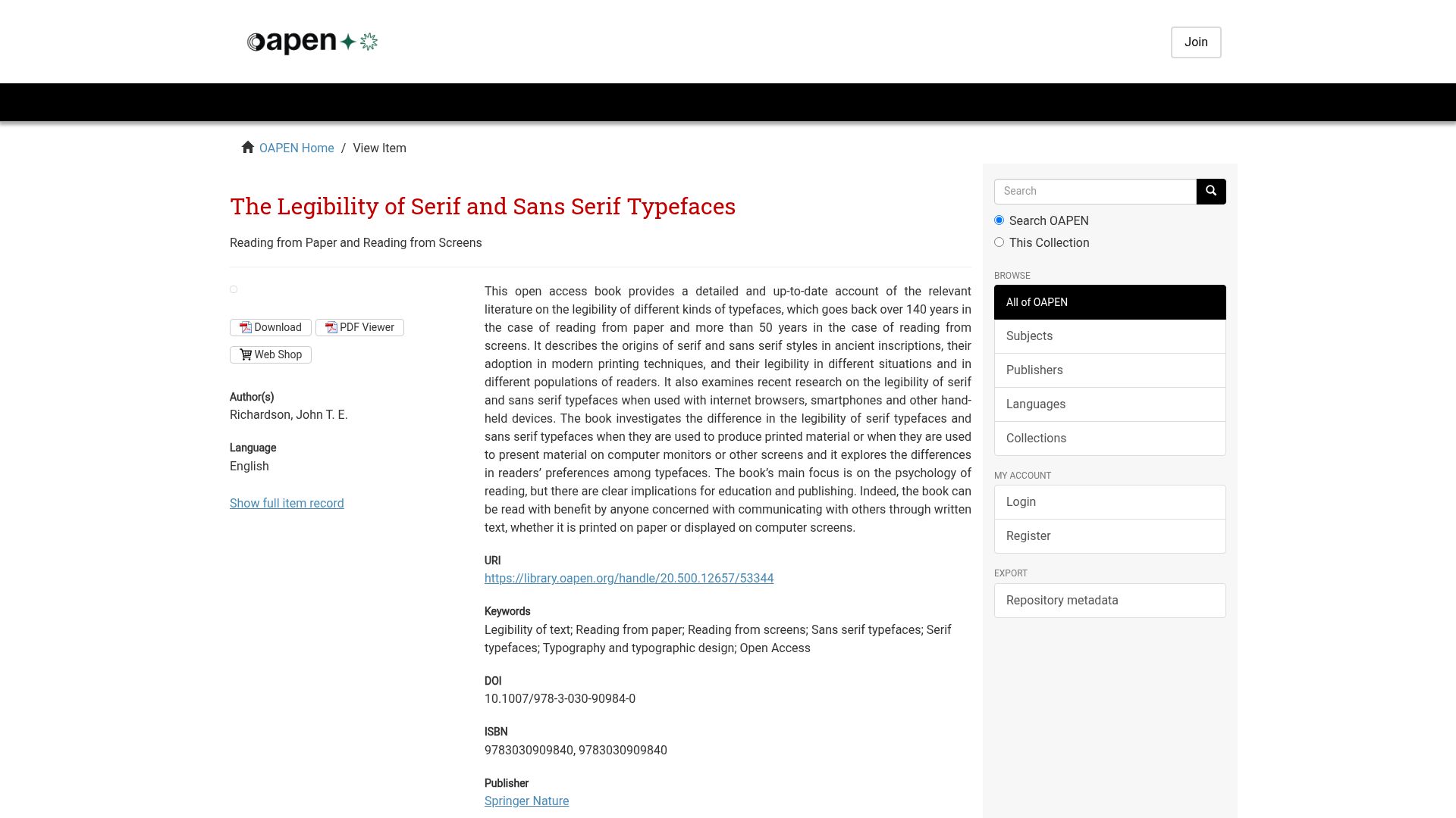 Screenshot of library.oapen.org: The Legibility of Serif and Sans Serif Typefaces (2022)