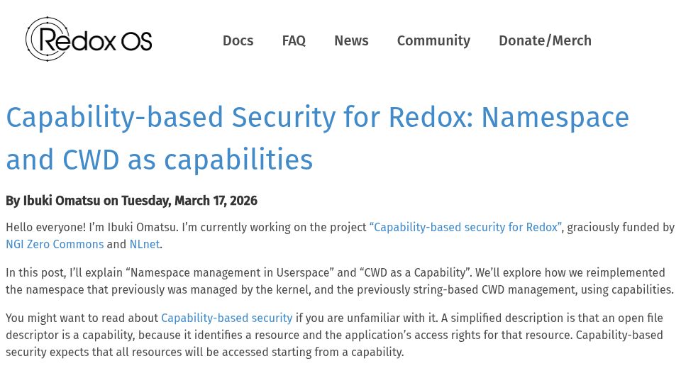 Screenshot of redox-os.org: Capability-Based Security for Redox: Namespace and CWD as Capabilities