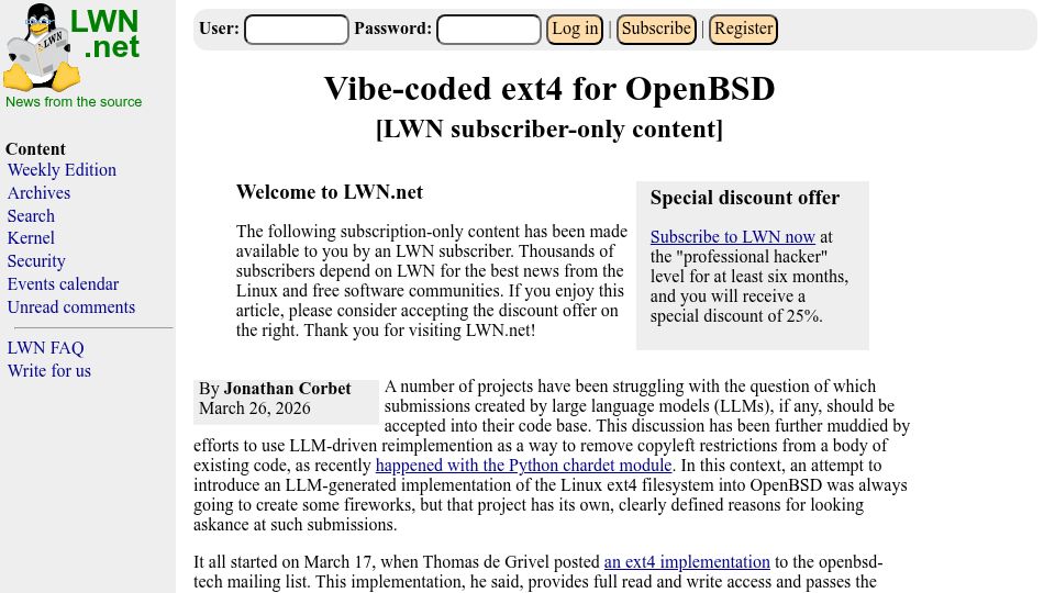 Screenshot of lwn.net: Vibe-Coded Ext4 for OpenBSD