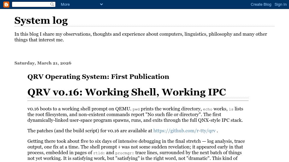 Screenshot of r-tty.blogspot.com: QRV Operating System: QNX on RISC-V