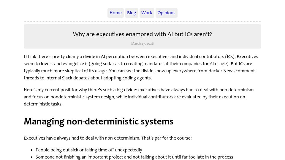 Screenshot of johnjwang.com: Why are executives enamored with AI, but ICs aren't?