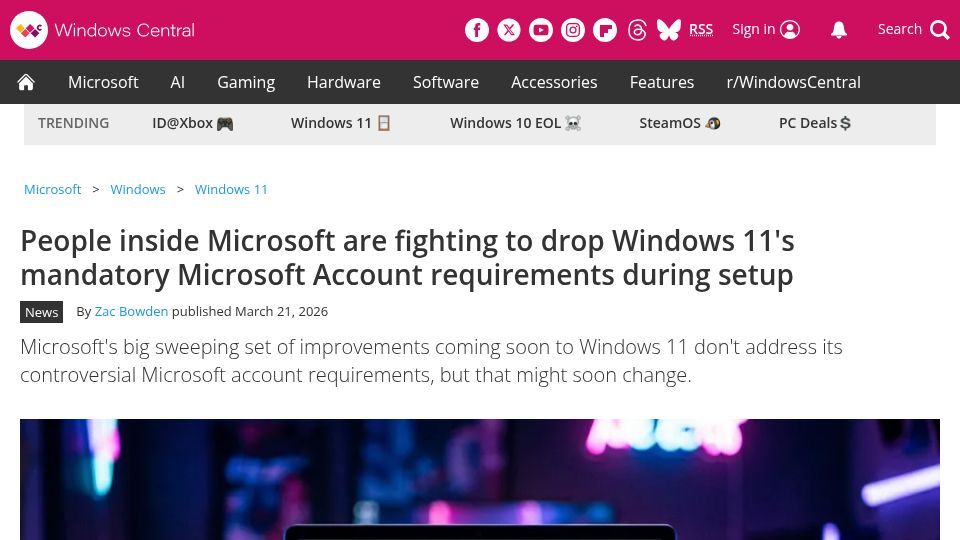 Screenshot of windowscentral.com: People inside Microsoft are fighting to drop mandatory Microsoft Account