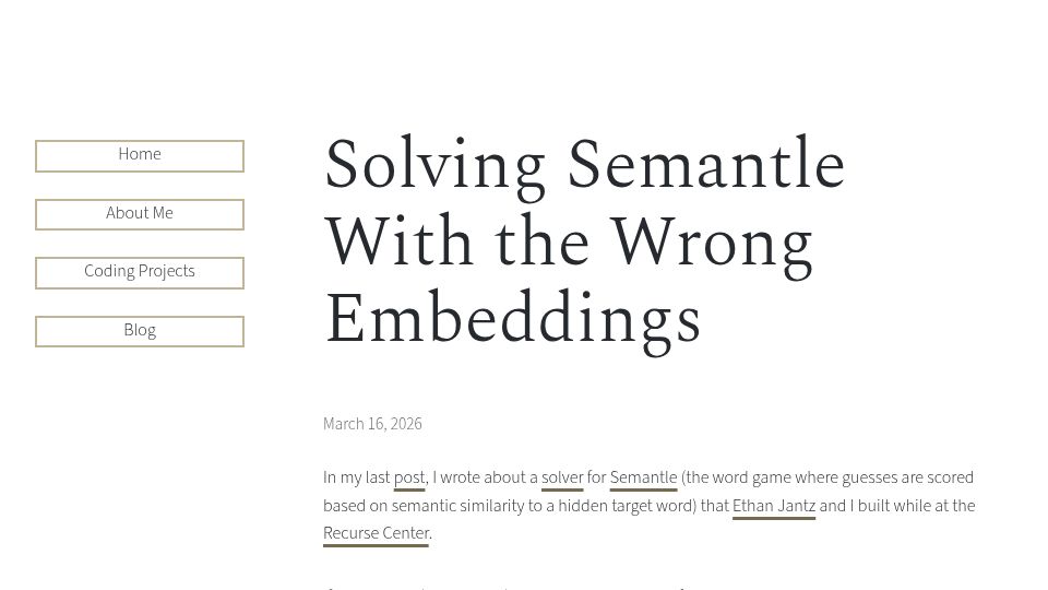Screenshot of victoriaritvo.com: Solving Semantle with the Wrong Embeddings