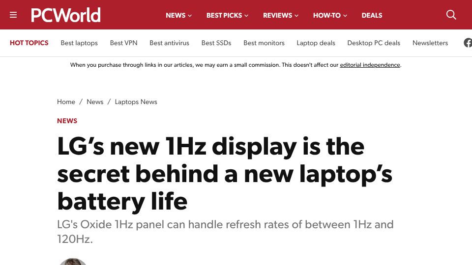 Screenshot of pcworld.com: LG's new 1Hz display is the secret behind a new laptop's battery life