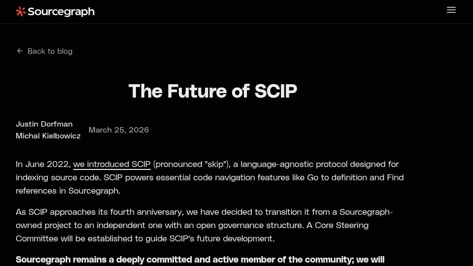 Screenshot of sourcegraph.com: The Future of SCIP
