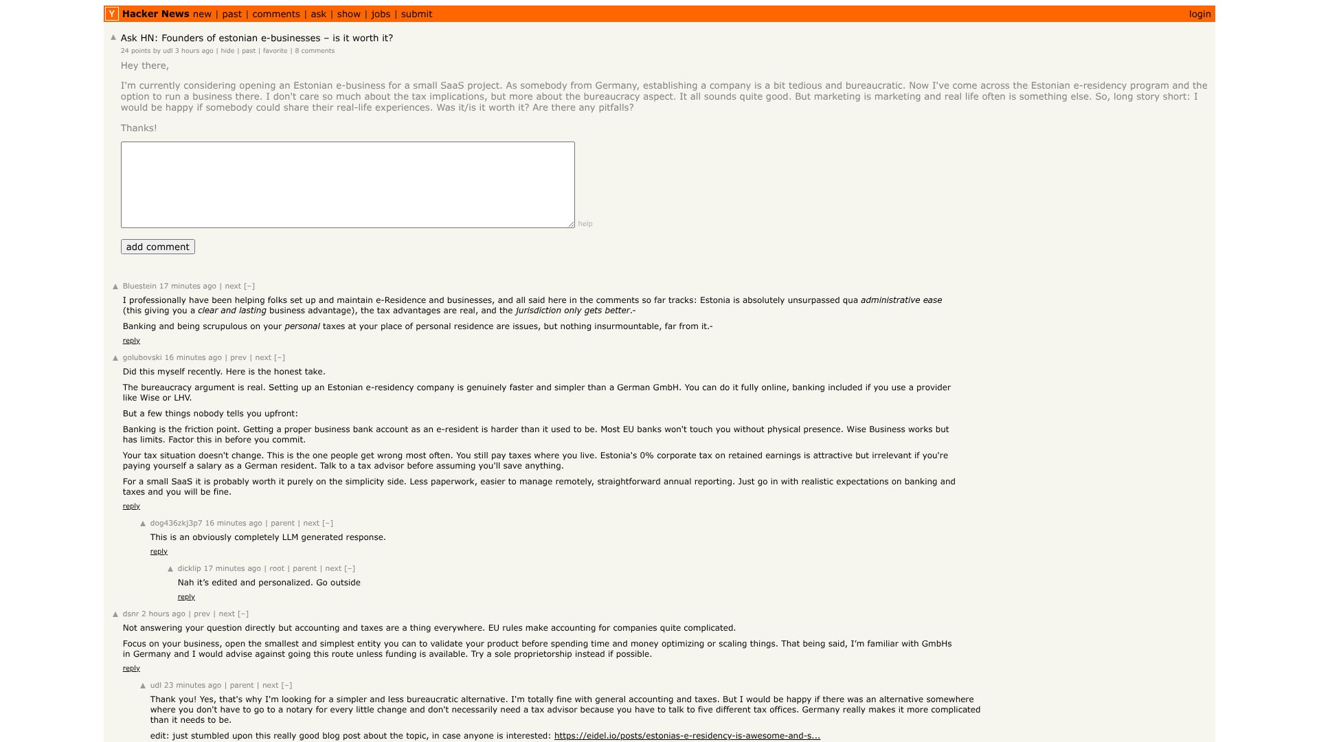 Screenshot of this Hacker News post: Ask HN: Founders of estonian e-businesses – is it worth it?