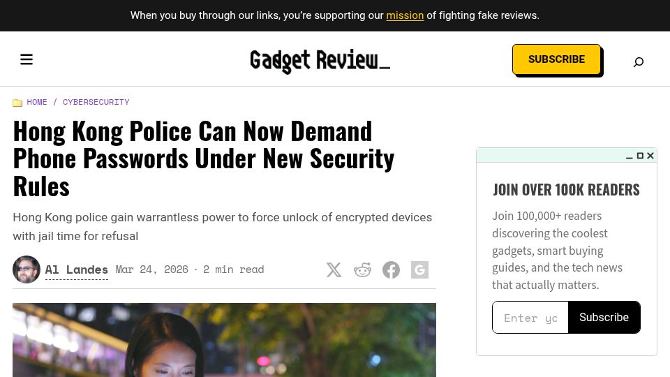 Screenshot of gadgetreview.com: Hong Kong Police Can Now Demand Phone Passwords Under New Security Rules