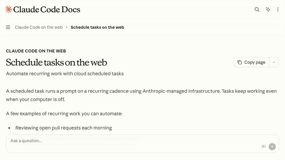 Screenshot of code.claude.com: Schedule tasks on the web