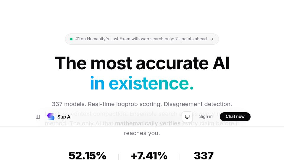 Screenshot of sup.ai: Show HN: Sup AI, a confidence-weighted ensemble (52.15% on Humanity's Last Exam)