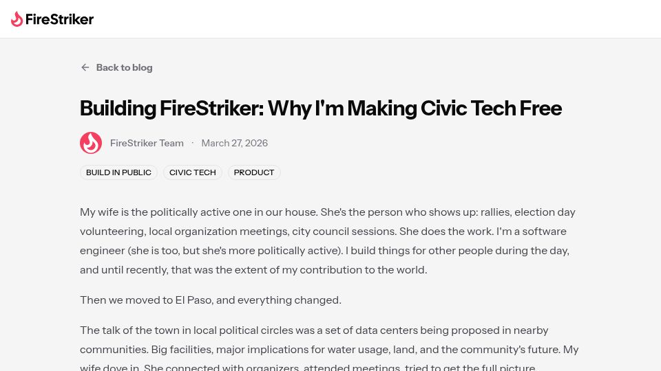 Screenshot of firestriker.org: Building FireStriker: Making Civic Tech Free