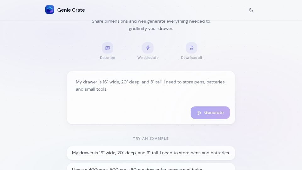 Screenshot of geniecrate.com: Automatically generate all 3D print files for organizing a drawer