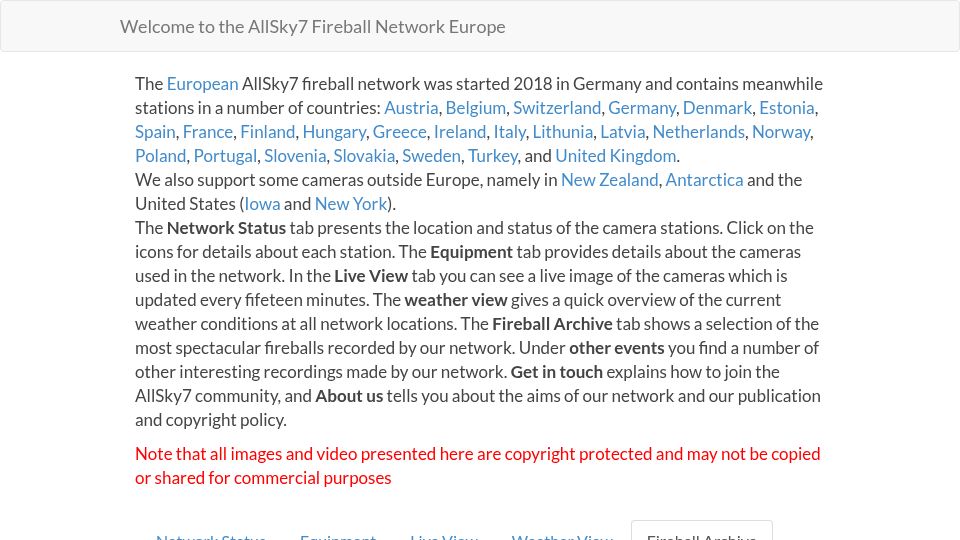 Screenshot of allsky7.net: The European AllSky7 fireball network