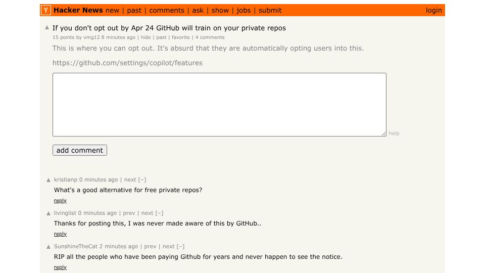 Screenshot of Hacker News post: If you don't opt out by Apr 24 GitHub will train on your private repos