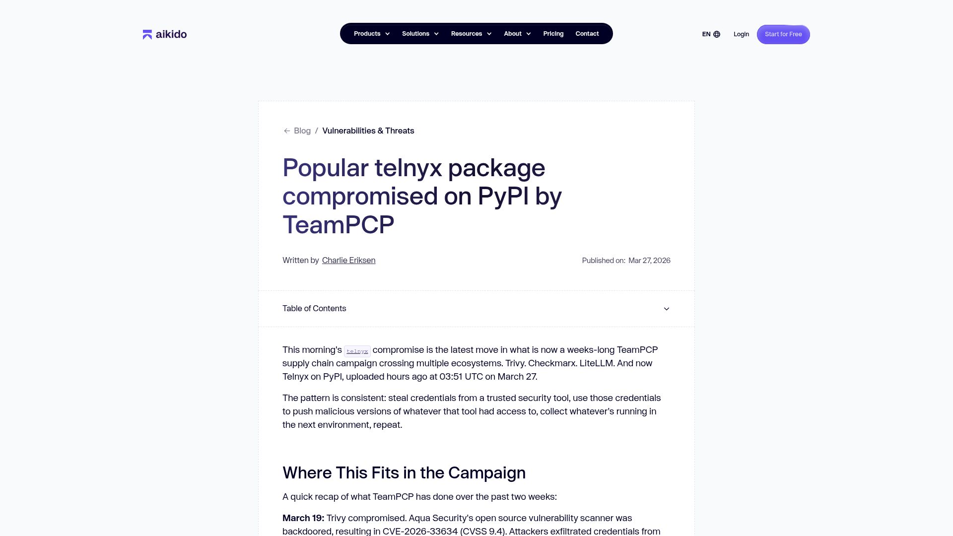 Screenshot of aikido.dev: Telnyx package compromised on PyPI