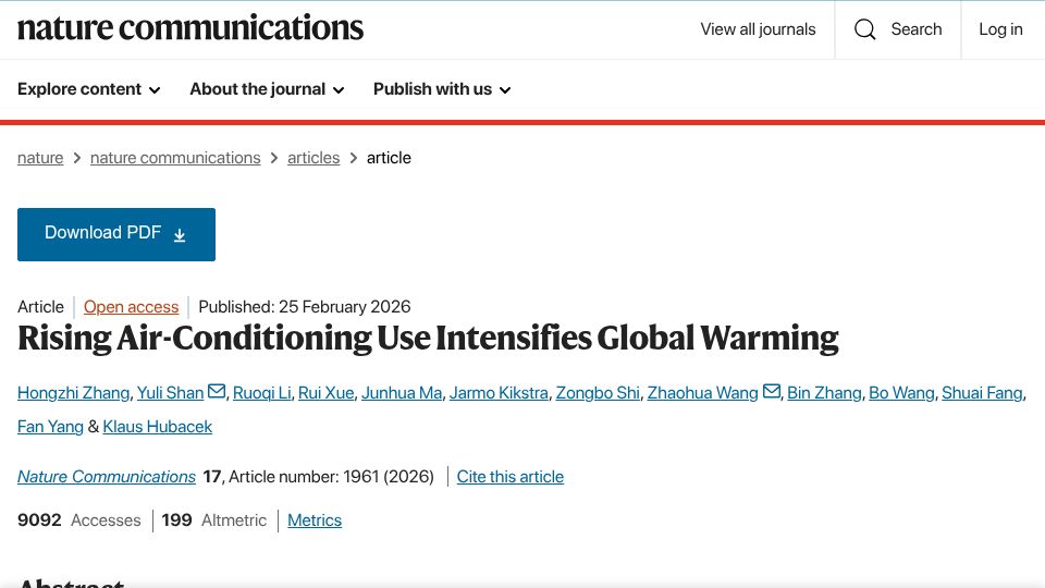 Screenshot of nature.com: Rising Air-Conditioning Use Intensifies Global Warming