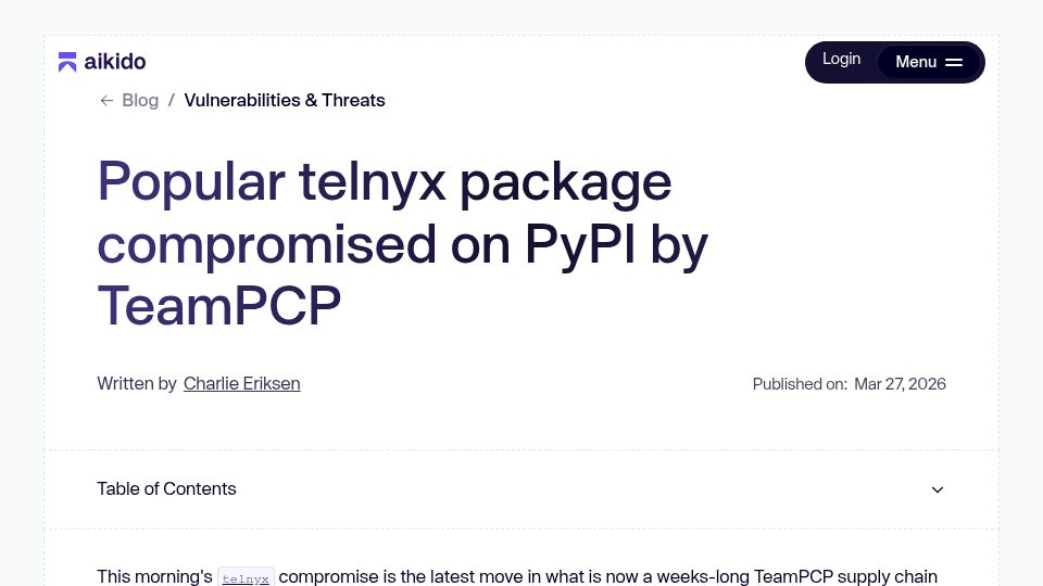 Screenshot of aikido.dev: Telnyx package compromised on PyPI